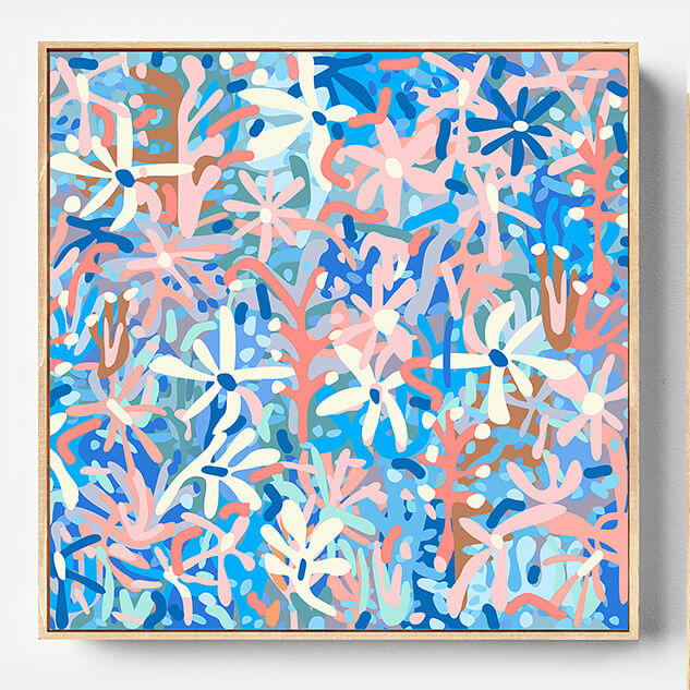 Abstract artwork with colorful floral patterns in a wooden frame.