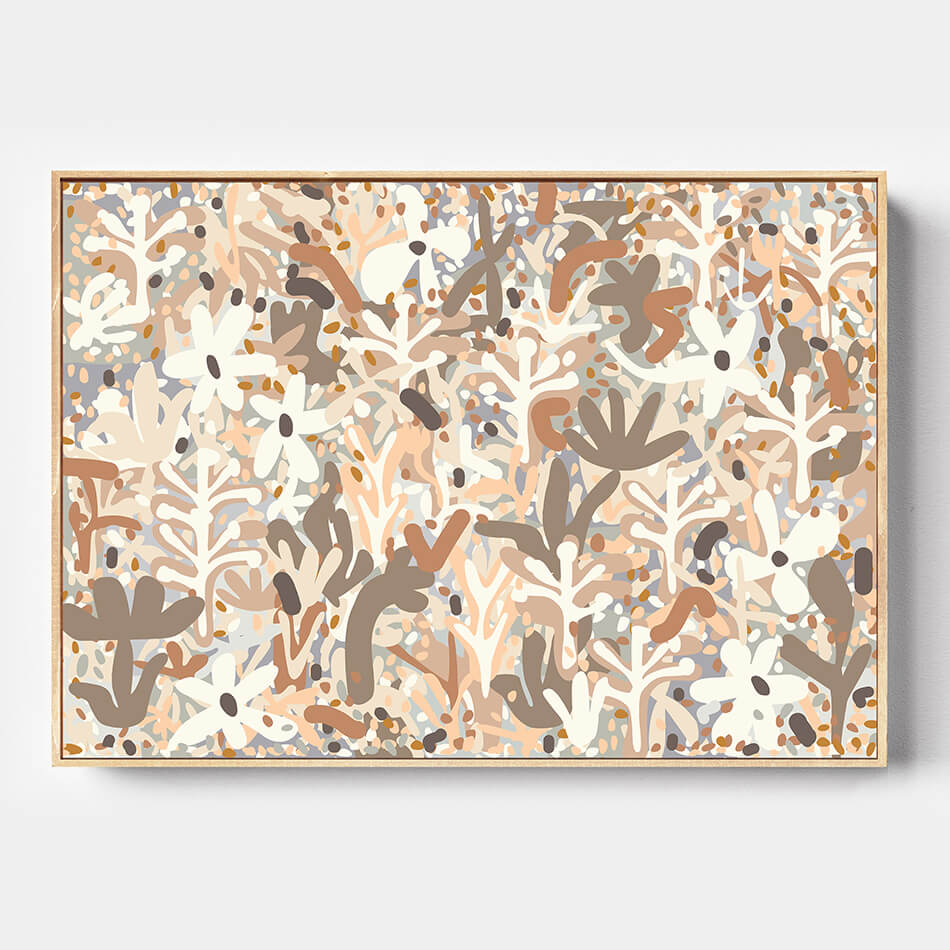 Abstract art print with brown, beige, and white pattern on a light gray background