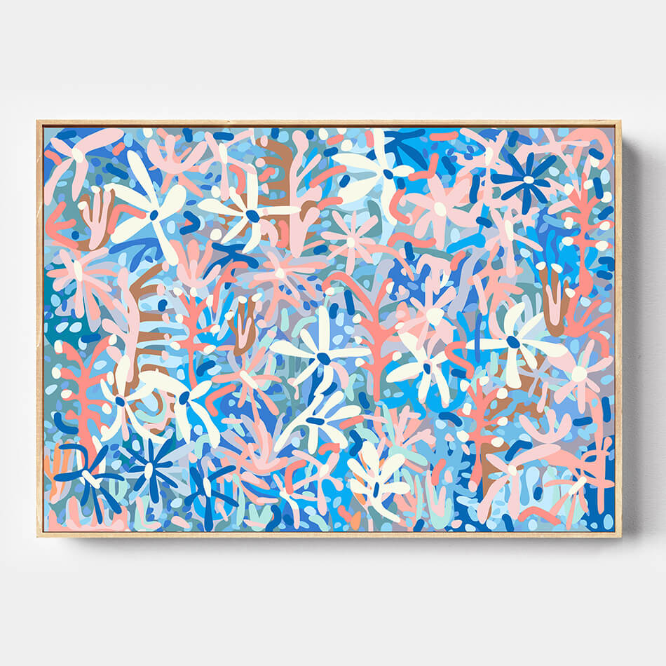 Abstract art print with blue, pink, and white floral patterns on a light gray background artwork on canvas colourful artwork