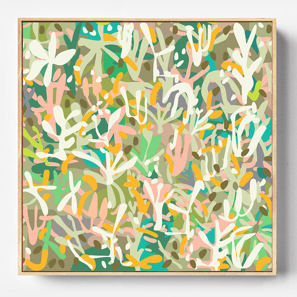 Abstract art print with colorful patterns in a wooden frame on a white background