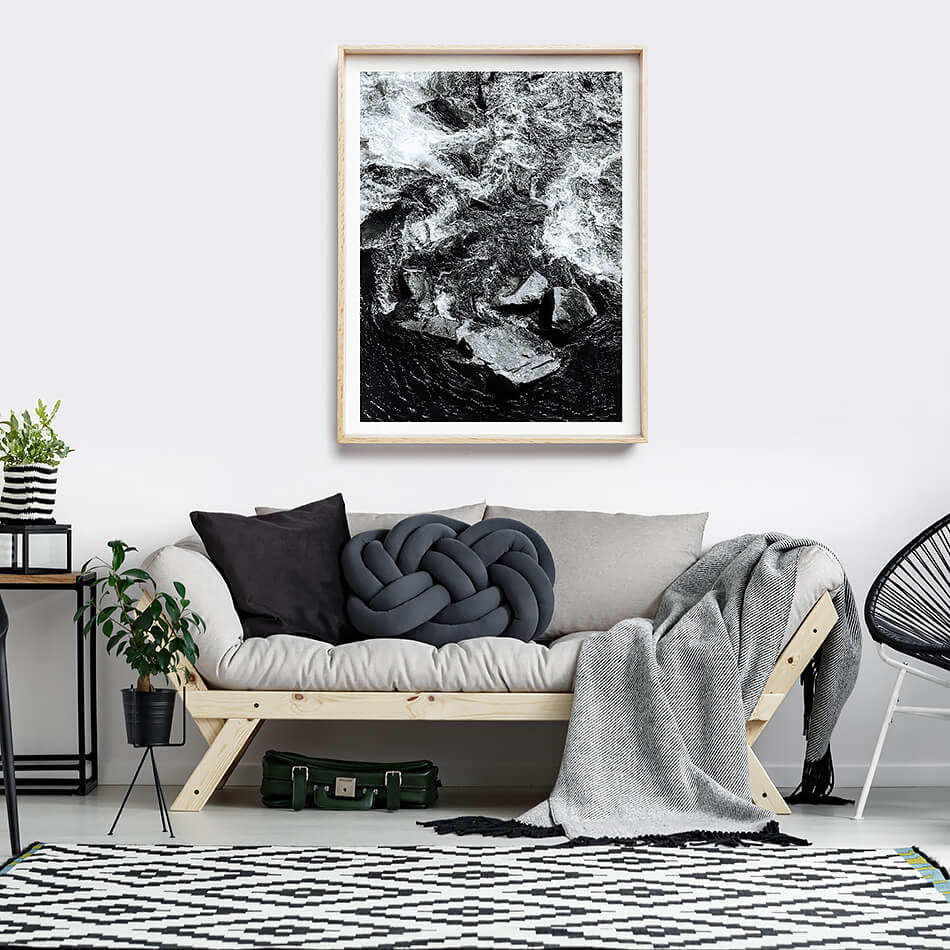 black and white photo print black and white interior print for wall of water in new zealand monochrome print