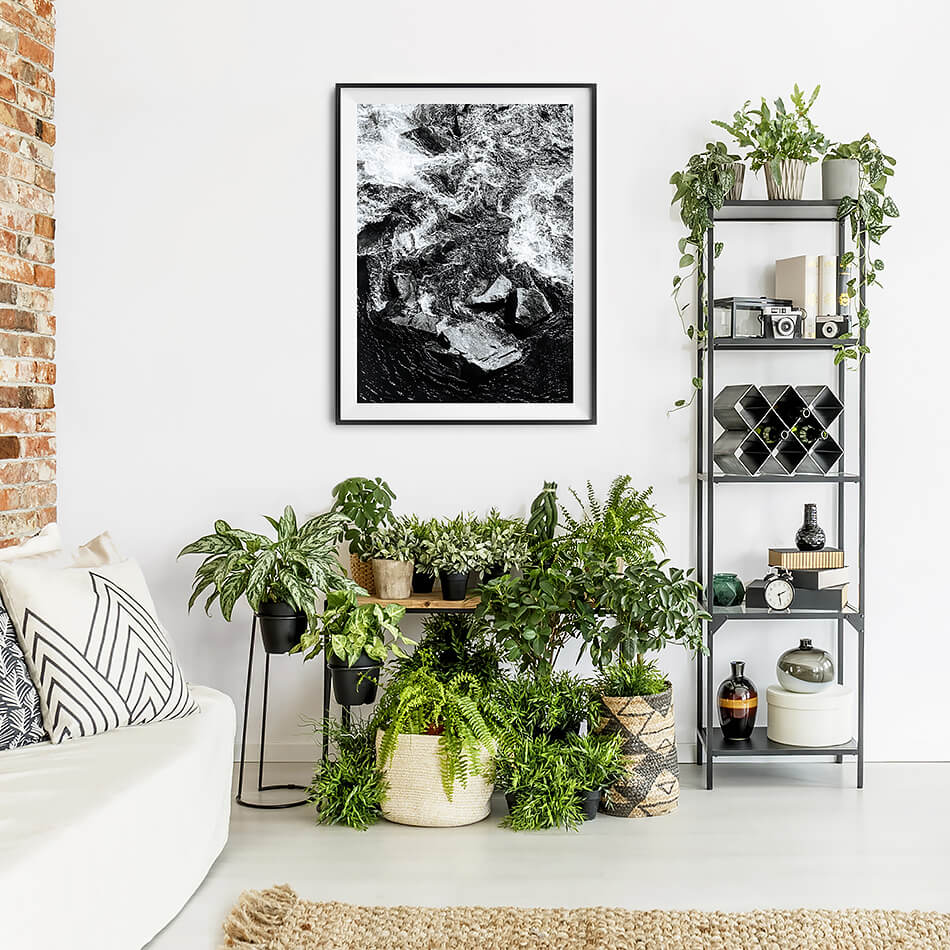 black and white photo print black and white interior print for wall of water in new zealand monochrome print