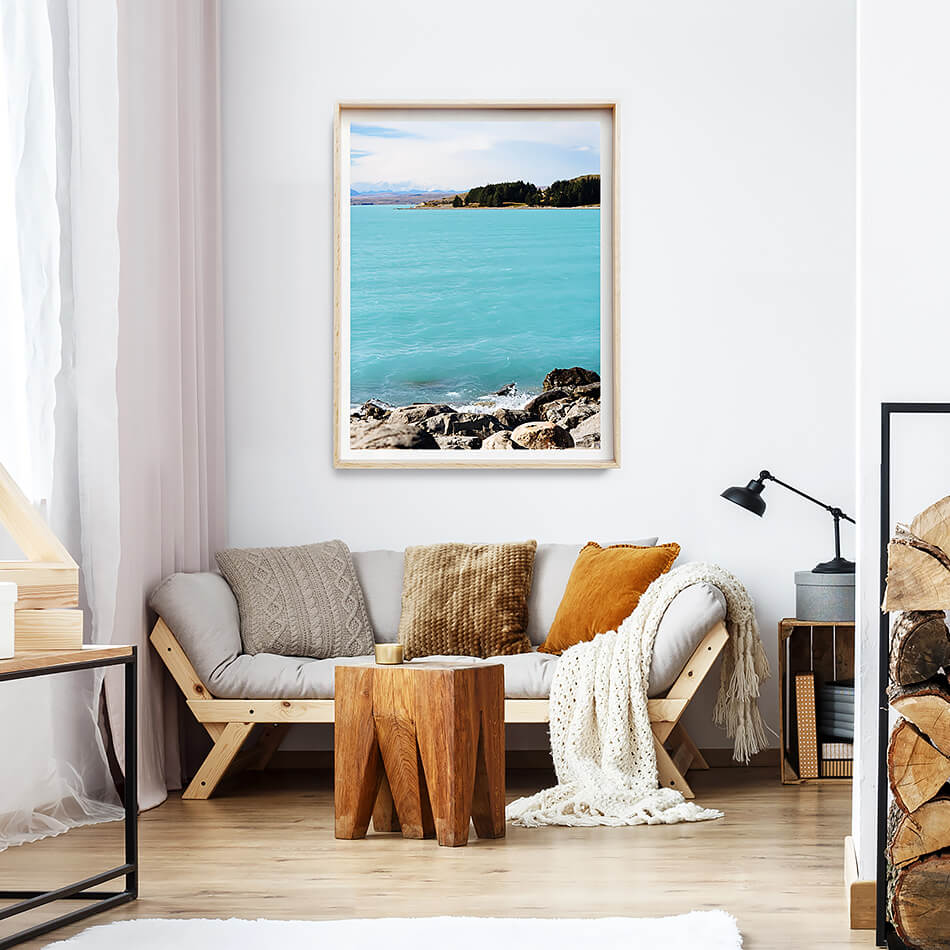 beach print lake tekapo new zealand south island photographic print of blue waters and rocks