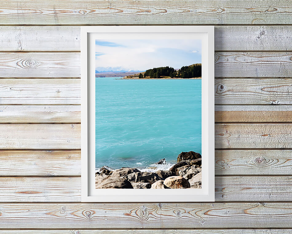 beach print lake tekapo new zealand south island photographic print of blue waters and rocks
