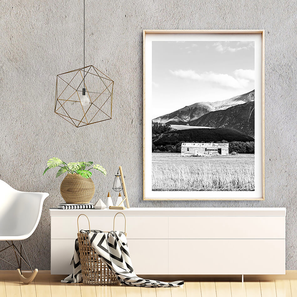 monochrome print black and white print of nature mountains in new zealand