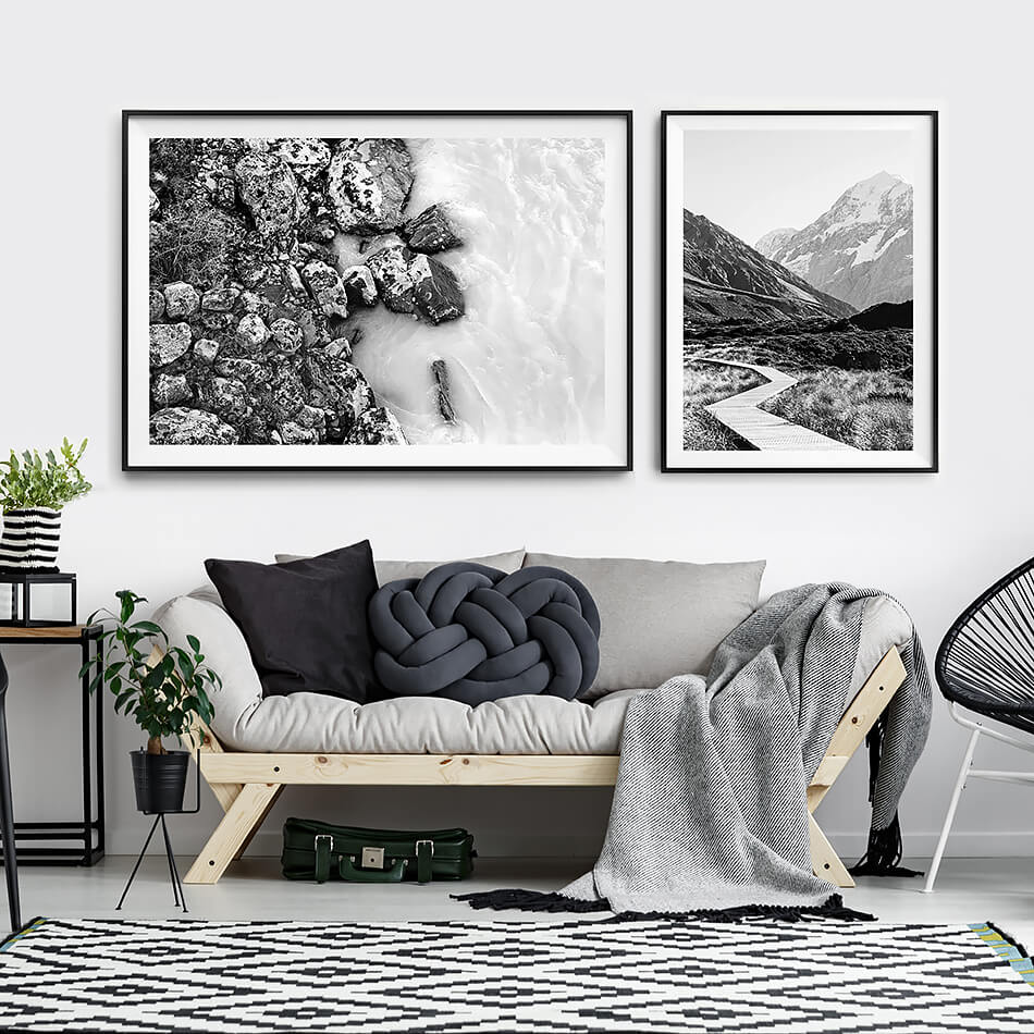 black and white photo print black and white interior print for wall of water in new zealand monochrome print