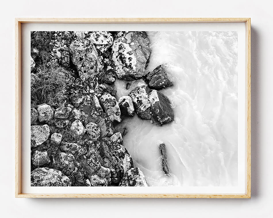 black and white photo print black and white interior print for wall of water in new zealand monochrome print