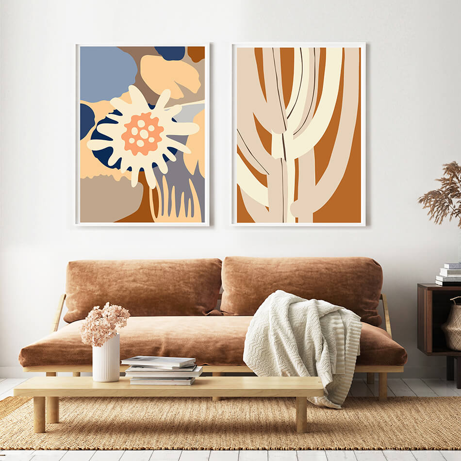 neutral toned earthy toned colourful artwork of flowers and cactus from australian artist