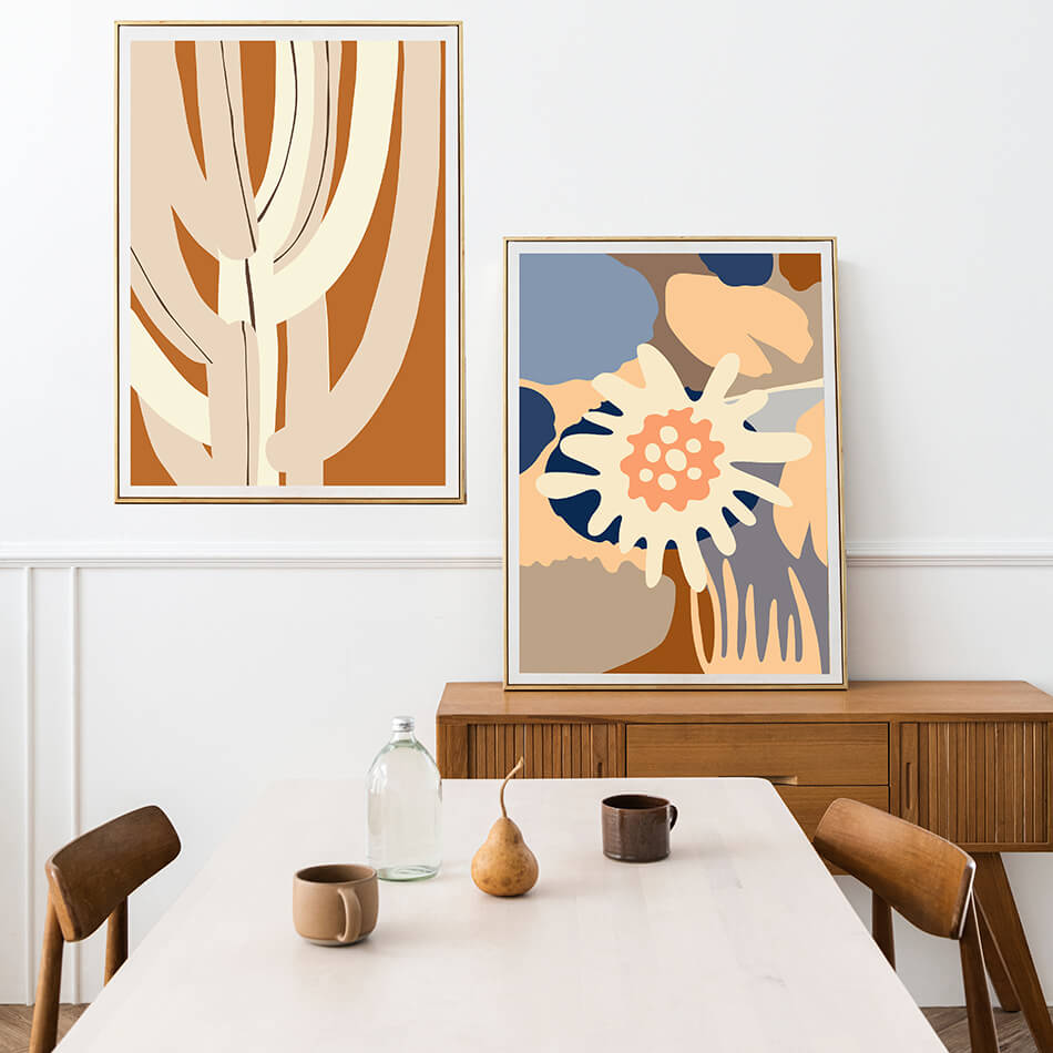 neutral toned earthy toned colourful artwork of flowers and cactus from australian artist